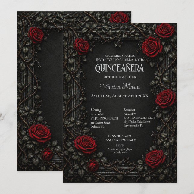 Invitación Roja Gótica de Floral de Halloween Quin (Anverso / Reverso)