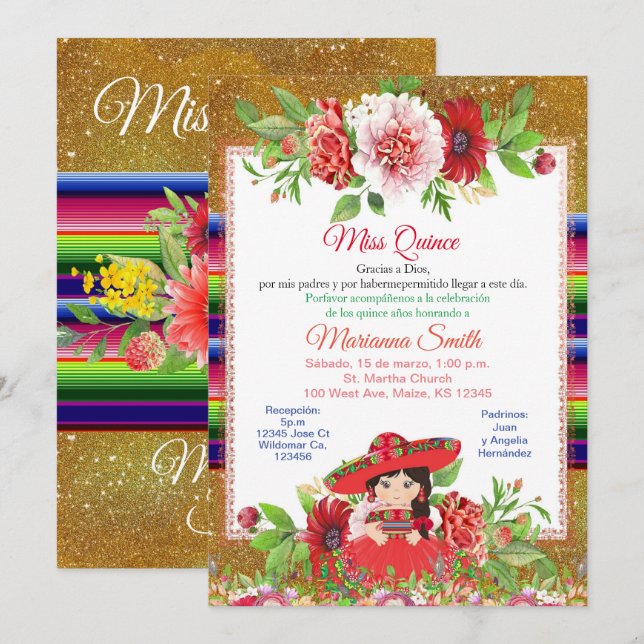 Invitación Roja Mexicana Señorita Quinceañera (Anverso / Reverso)