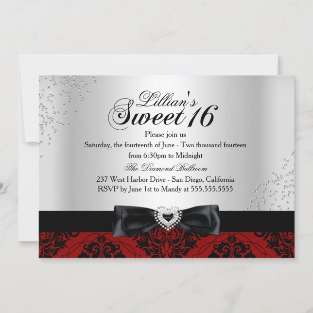 Invitación Roja Negra Damask Brillo Sweet 16 (Anverso)