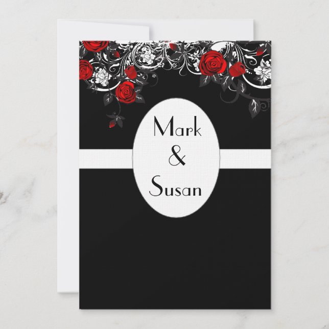 Invitación roja negra de la boda del rosa blanco (Anverso)