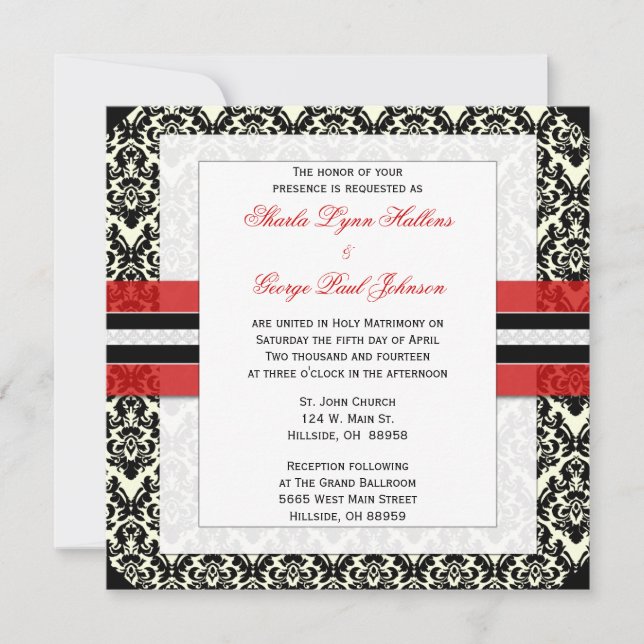 Invitación roja, negra, y blanca de la boda del (Anverso)