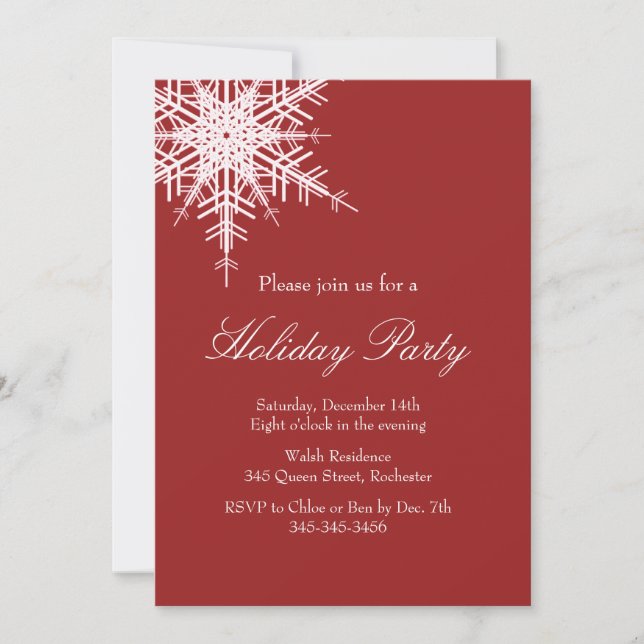 Invitación roja nevada para fiesta de Navidad (Anverso)