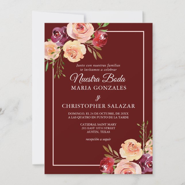 Invitación Roja Oro Flores Boda Elegante Español Boda (Anverso)