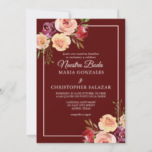 Invitación Roja Oro Flores Boda Elegante Español Boda