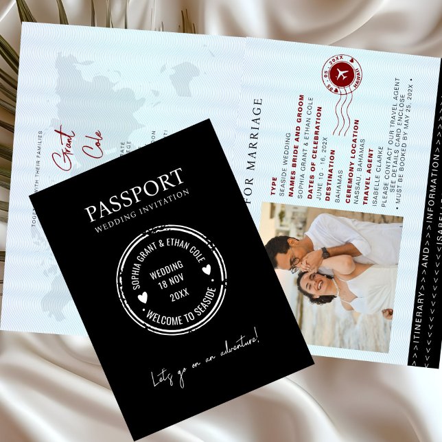 Invitación roja para boda de destino con pasaporte (Subido por el creador)