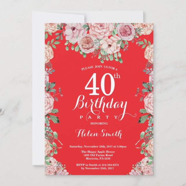 Invitación Roja para Cumpleaños 40 con Peonías Ros (Anverso)