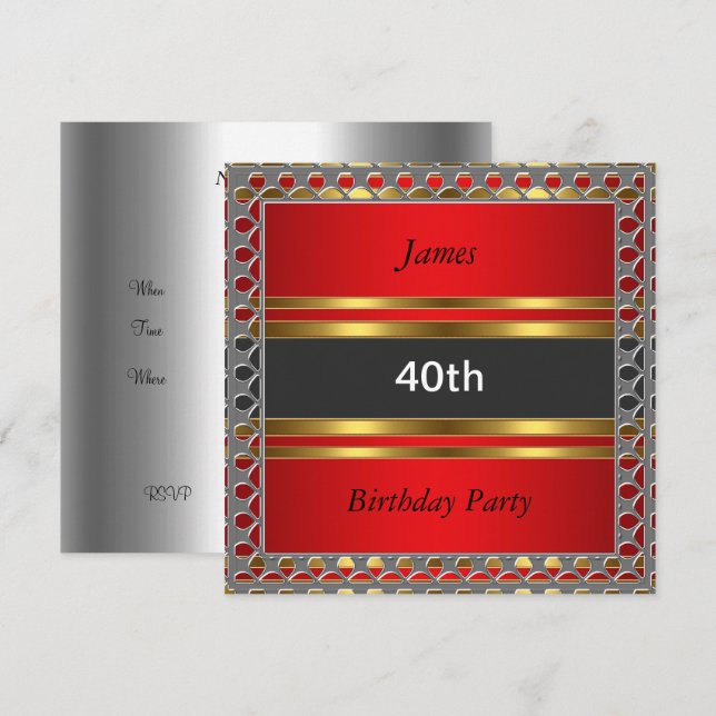 Invitación roja para cumpleaños 40 de hombres (Anverso / Reverso)