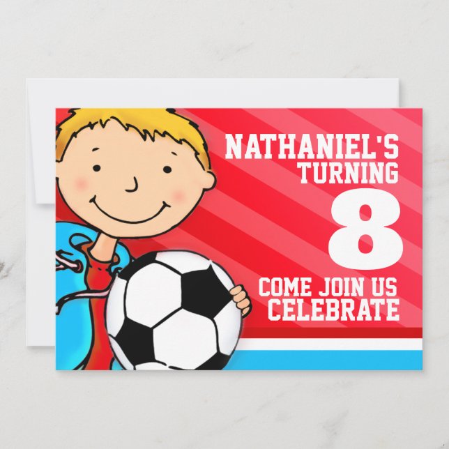 Invitación roja para el cumpleaños del fútbol infa (Anverso)
