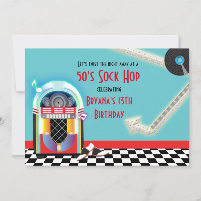 Invitación Roja para Fiesta de Baile Sock Hop de J (Anverso)