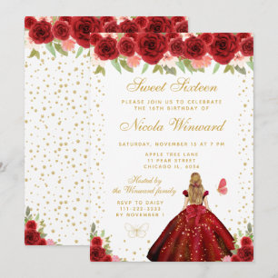 Invitación Roja Princesa de Cabello Rubio Floral Dulces Dieci