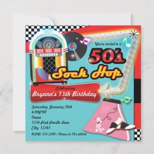 Invitación Roja Retro de Cumpleaños FIESTA SOCK HO