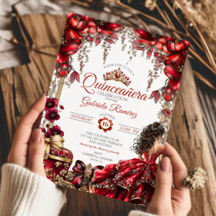Invitación Roja Tiara Floral Dorada Quinceañera