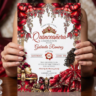 Invitación Roja Tiara Floral Dorada Quinceañera