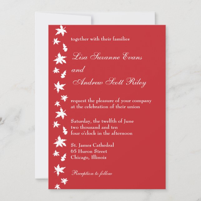 Invitación roja y blanca de la boda de la hoja del (Anverso)