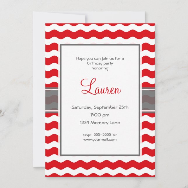 Invitación roja y gris del cumpleaños (Anverso)