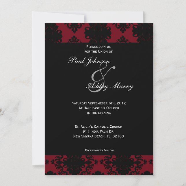 Invitación roja y negra de la boda del damasco (Anverso)