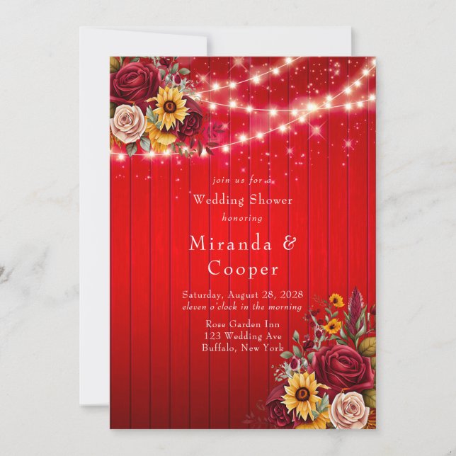 Invitación Rojas rojas girasoles luces de boda (Anverso)