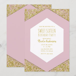 Invitación Rojeces Rosa Dorado Brillo en Hojuelas Glam Fiesta