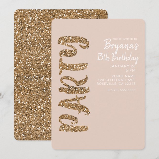 Invitación Rojizo Dorado Brillo Glitter Cumpleaños de Cualqui (Anverso / Reverso)