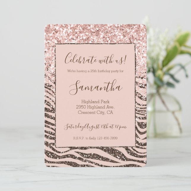 Invitación Rojizo Melocotón Chocolate Marrón Cebra Glitzy Bri (Anverso de pie)