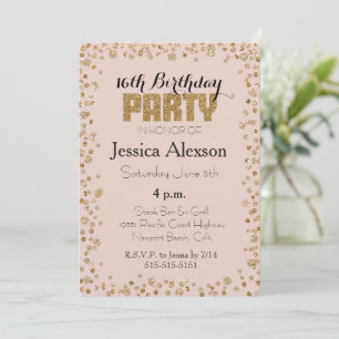 Invitación Rojizo Rosa Dorado Confeti Brillo Cumpleaños 16