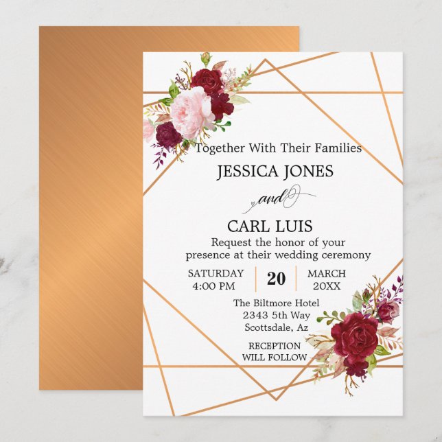 Invitación Rojizo Rosa Floral Geométrico Burgundy Modern Copp (Anverso / Reverso)