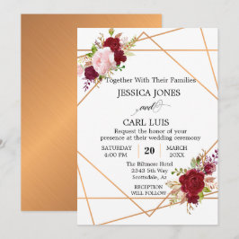 Invitación Rojizo Rosa Floral Geométrico Burgundy Modern Copp