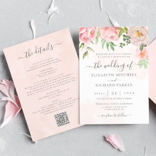 Invitación Rojizo Rosa Floral Peonía Todo En Uno Código QR Bo
