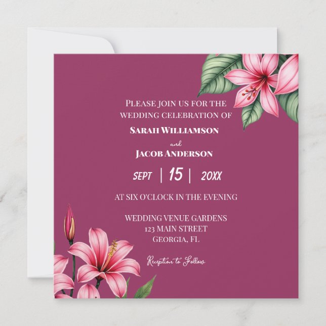 Invitación Rojizo Rubor Rosa Floral (Anverso)