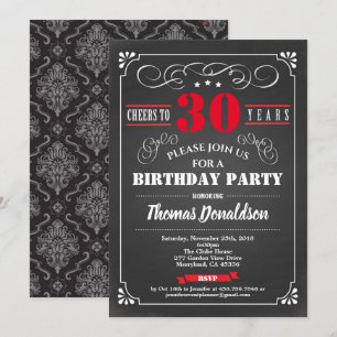 Invitación Rojo 30 cumpleaños fiesta retro de pizarra
