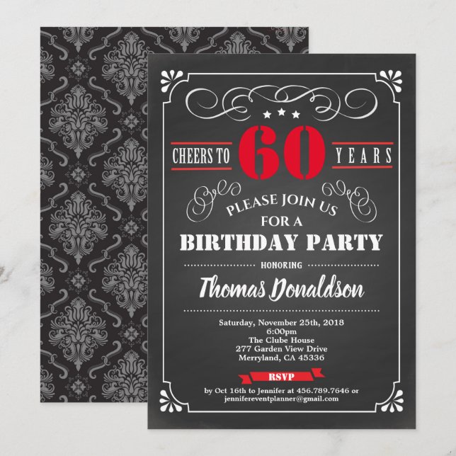 Invitación Rojo 60.ª fiesta de cumpleaños retro de pizarra (Anverso / Reverso)