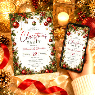 Invitación Rojo Adornos Ramas de árbol Bayas de acebo Navidad