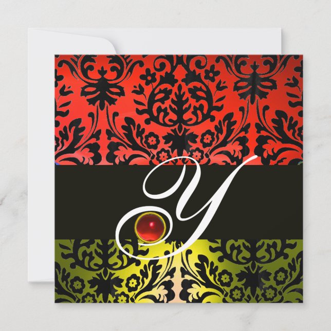 Invitación ROJO AMARILLO NEGRO DAMASCO MONOGRAMA Ruby (Anverso)