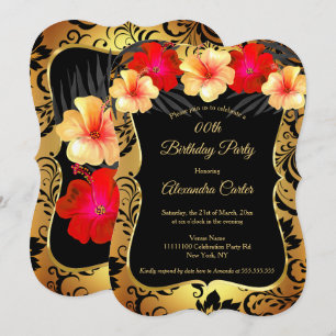 Invitación Rojo Amarillo Oro Negro Hibisco Damasco Cumpleaños
