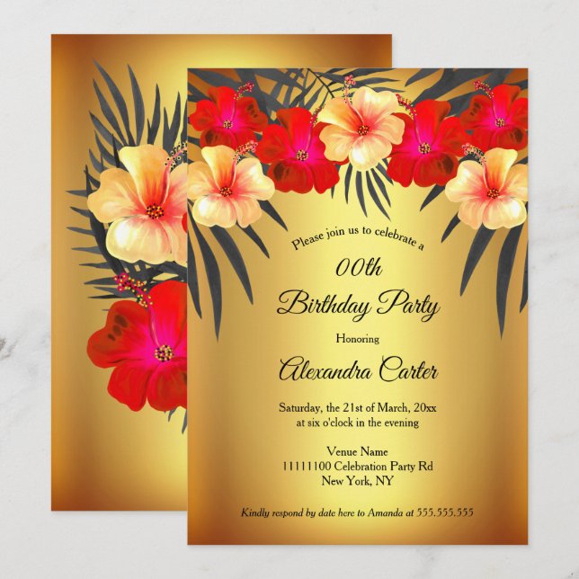 Invitación Rojo Amarillo Oro Negro Palma Hibisco Fiesta de Cu (Anverso / Reverso)