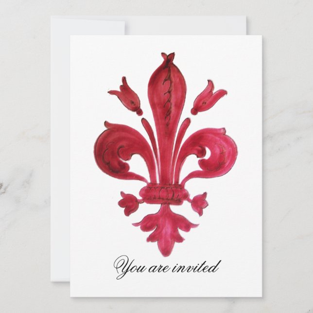 Invitación ROJO ANTIGUO FLEUR DE LIS Damasco Monograma de Gem (Anverso)