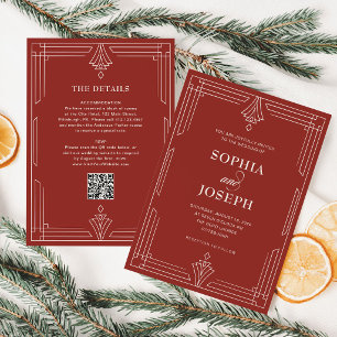 Invitación Rojo Atemporal   Código QR Todo en Uno Boda de Fie