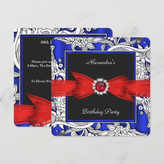 Invitación Rojo Azul Negro Blanco Floral Fiesta de Cumpleaños (Anverso / Reverso)