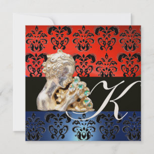 INVITACIÓN ROJO AZUL, NEGRO, DAMASCO BLANCO MONOGRAMA JOYA