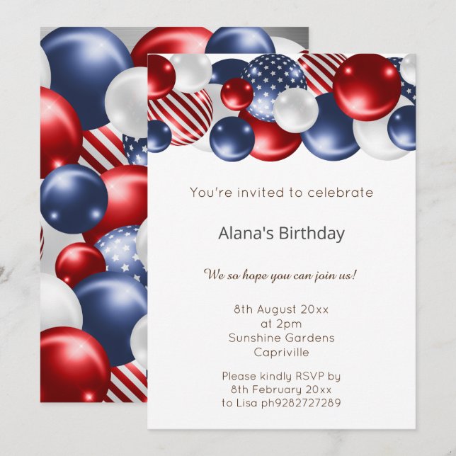 INVITACIÓN ROJO AZUL PATRIOTA PLATA 2 CUMPLEAÑOS DE BALLÓN (Anverso / Reverso)