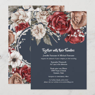 Invitación Rojo azul rosa acuarela ramo vintage botánico