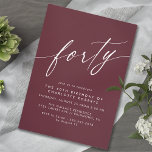 Invitación Rojo bermellón | Negrita Marrón oscuro 40 cumpleañ<br><div class="desc">Invitaciones de cumpleaños 40 de estilo moderno con el título "cuarenta" en un tipo de letra de guión. Fuente blanca en un fondo rojo profundo.</div>