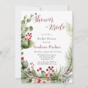 Invitación Rojo Berries Pine Wreath Ducha A La Novia