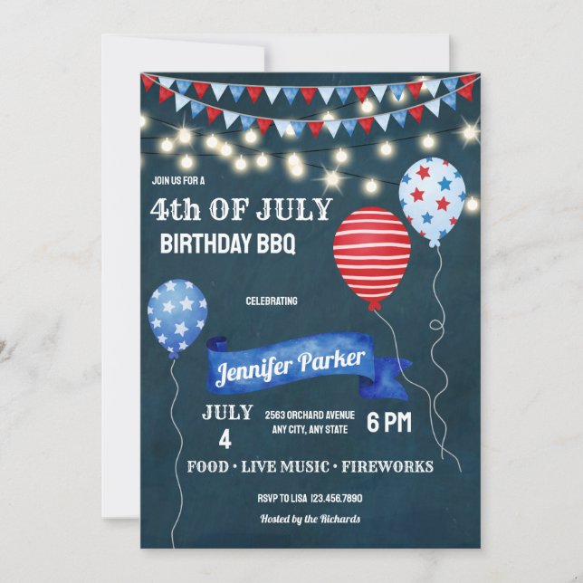 Invitación Rojo Blanco Azul Cuatro de Julio | Cumpleaños 4 de (Anverso)