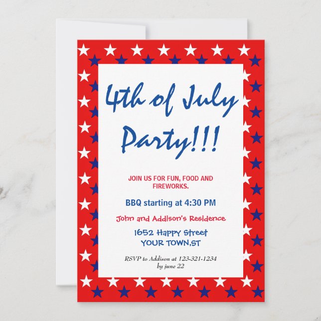Invitación Rojo Blanco Azul Cuatro de JULIO  estrellas simple (Anverso)