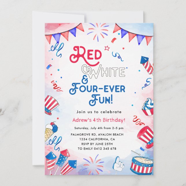 Invitación Rojo, Blanco, Cuatro Diversos, Cuarto Cumpleaños (Anverso)
