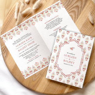 Invitación Rojo Blanco Ikat Todo en Uno Anand Karaj Boda Sikh