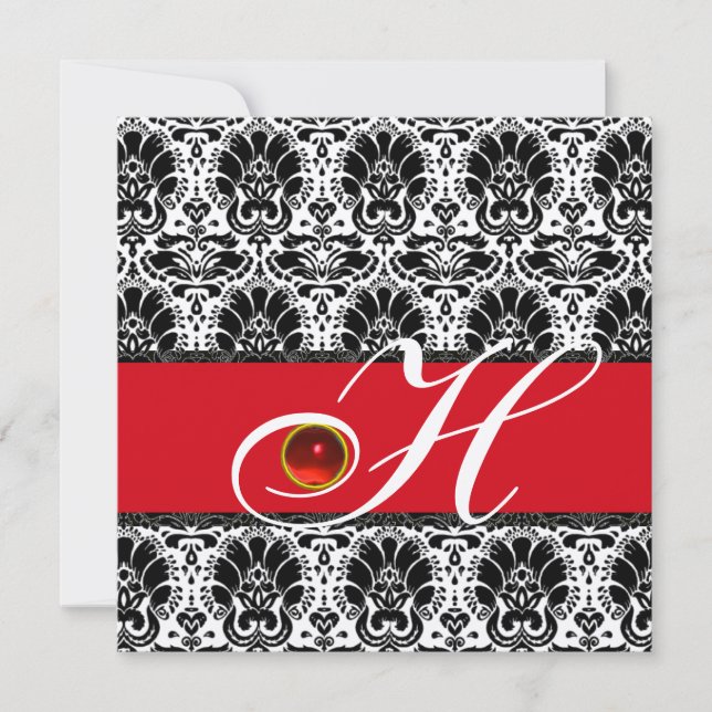 Invitación ROJO BLANCO NEGRO CHAMPAGNE DAMASK MONOGRAM Ruby (Anverso)