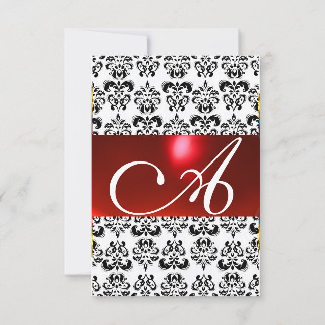 Invitación ROJO BLANCO NEGRO DAMASK GEM MONOGRAM rsvp plata (Anverso)