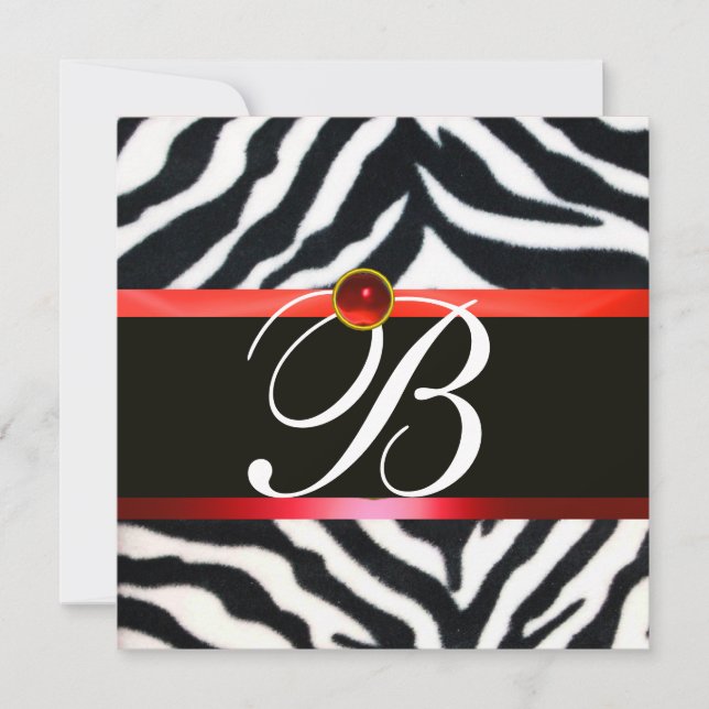 Invitación ROJO BLANCO NEGRO ZEBRA FUR MONOGRAM ,rubí gemston (Anverso)